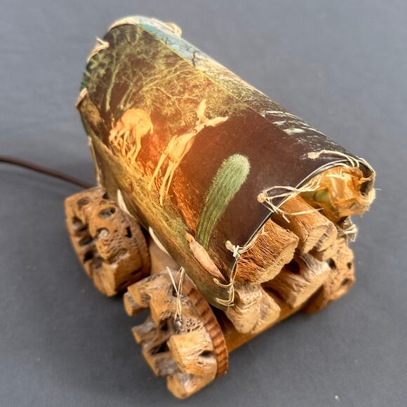 VTG Cholla Cactus Wood Covered Wagon Lamp 5" Rustic Southwest Deer Old West USA - Picture 8 of 16